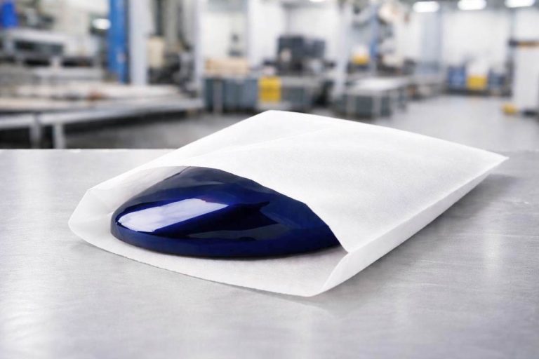 Weißer Vliesbeutel aus PP-Spinnvlies als Schutzverpackung für ein glänzendes Bauteil
